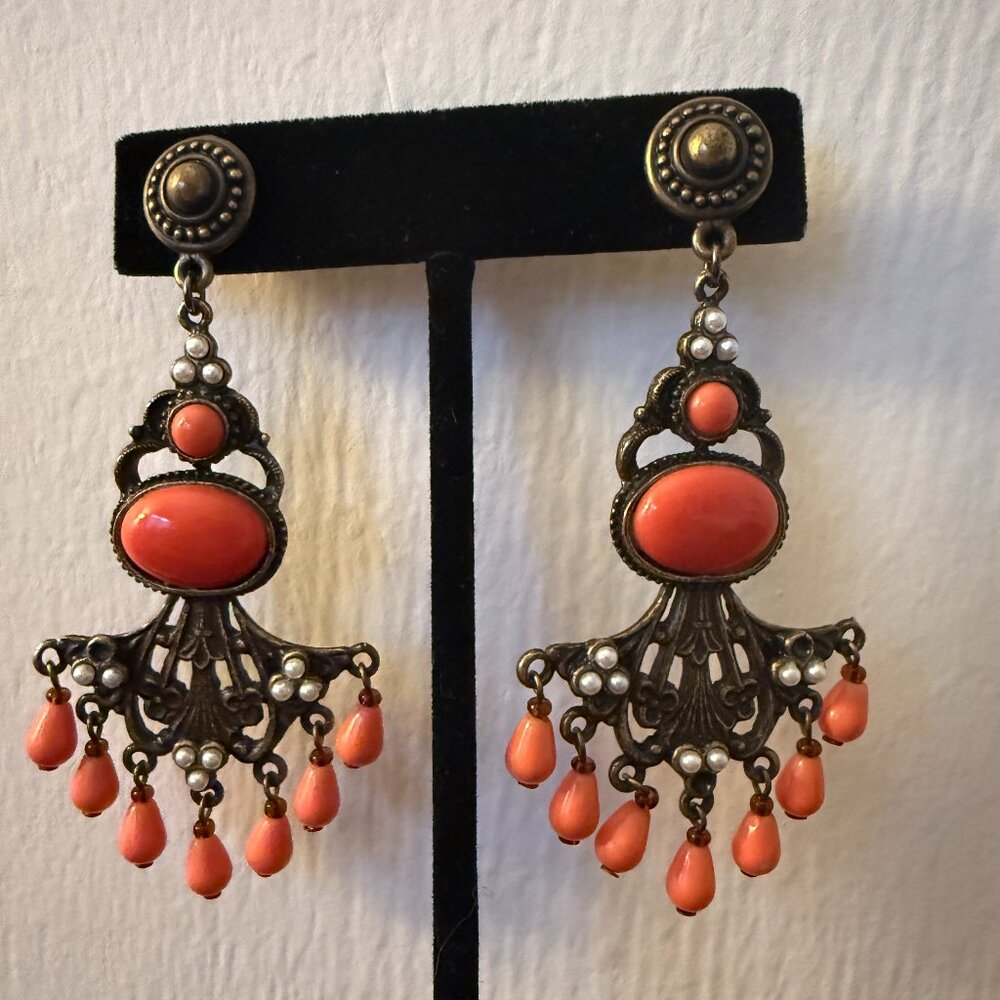 Elegant Boho Earrings Coral with Pearl detail Antique gold finish Post Back